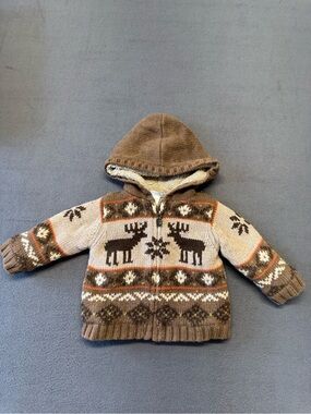 Janie and Jack Baby Knit Wool Zip Cardigan Sweater - Brown/Cream